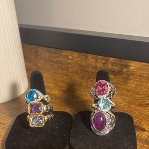 6 Elegant Silver and multi-color Gemstone Ring Set, size 6 1/2 .